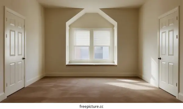 Empty room with two doors and a window with blinds