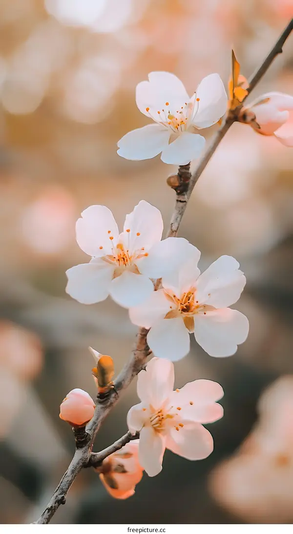White Cherry Blossom Flower Branch Close Up