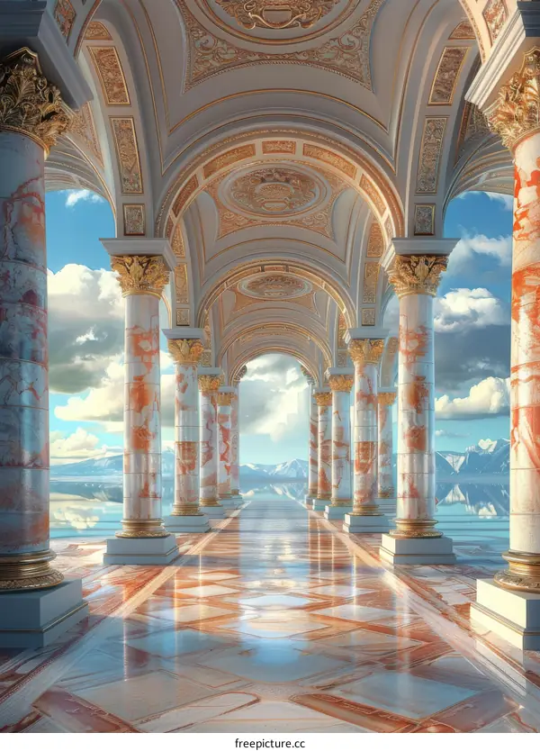 Surreal Corridor with Marble Columns and Coffered Ceiling