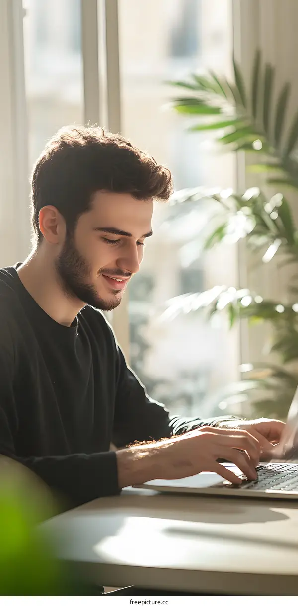 Young Man Working on Laptop by Window