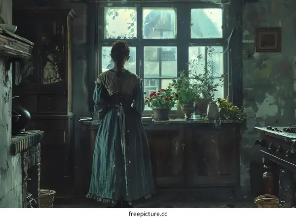 A woman standing in a kitchen looking out the window