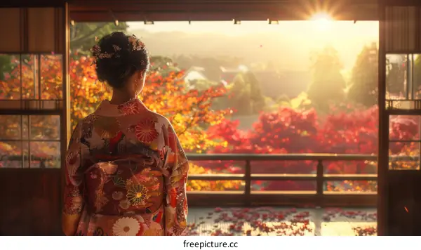 A woman wearing a kimono is standing in a traditional Japanese house and looking at the autumn leaves.