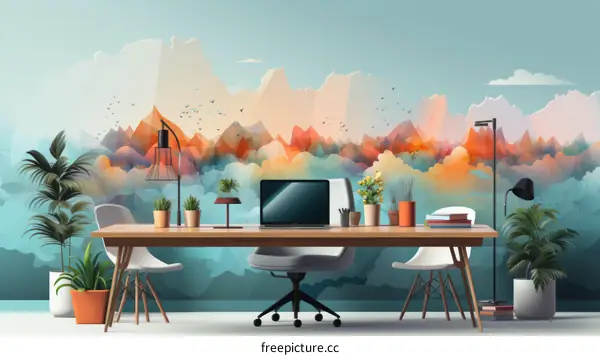 Workplace with Mountain Scenery Wall Mural