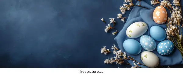 Easter Eggs Decorated with Floral Patterns on a Blue Background