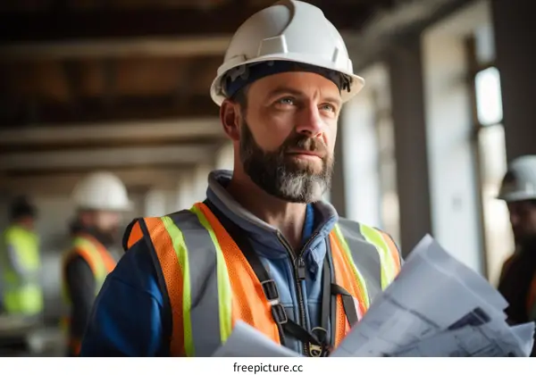 Construction worker in hardhat looking at blueprints