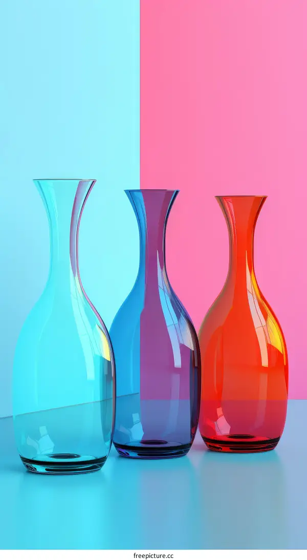 Three Colorful Glass Vases on a Blue and Pink Background