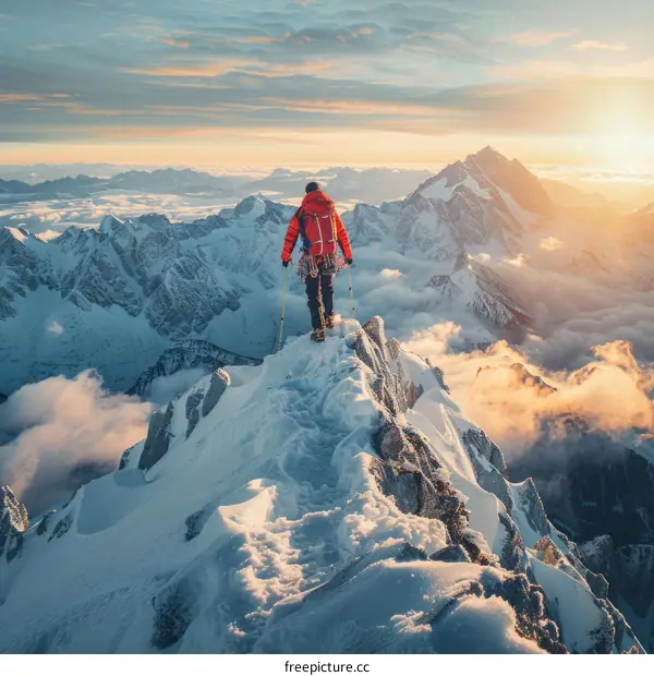 A lone mountaineer reaches the summit of a snow-capped mountain and gazes out at the view