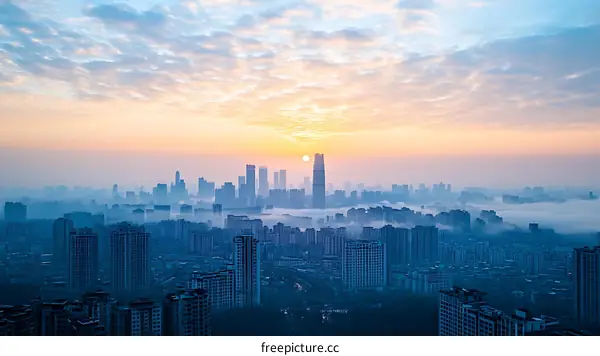 Sunrise over a Misty Cityscape