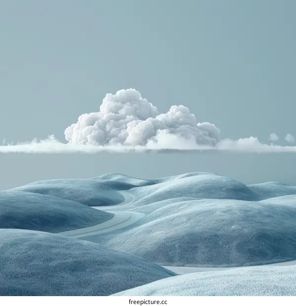 Fluffy white cloud floating above snowy hills