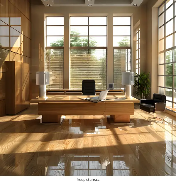Office interior with large windows and wooden furniture
