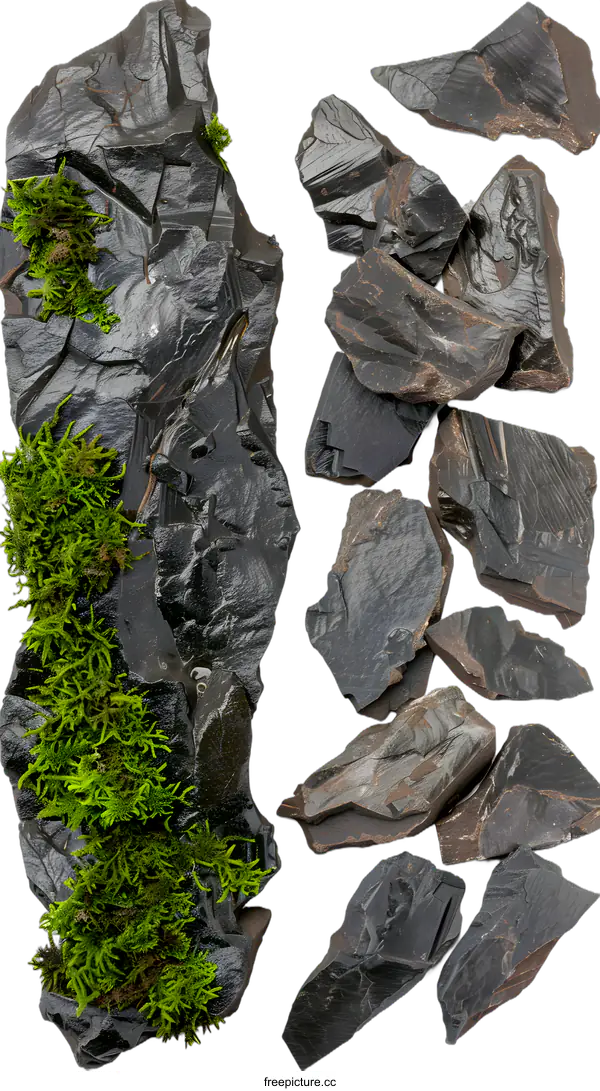 [Transparent Background PNG]Black Slate Rock with Green Moss on White Background
