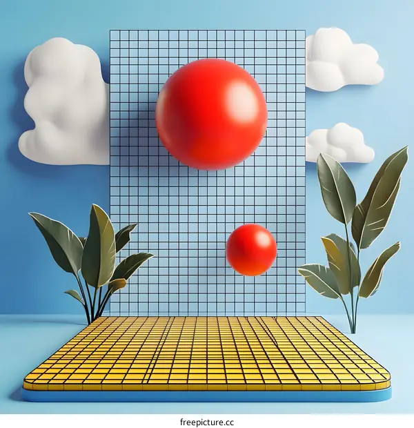 3D Render Minimalist Summer Scene with Yellow Grid Platform, Red Spheres and White Clouds
