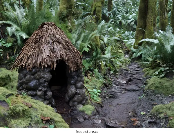 Stone and Thatch Hut in a Lush Rainforest