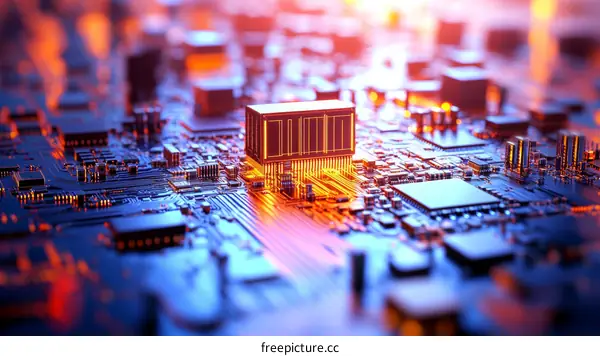 Closeup Circuit Board with Illuminated Chip