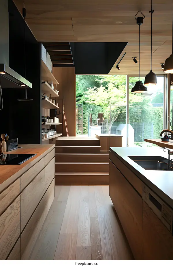 Modern Kitchen Design With Wooden Cabinets And Staircase