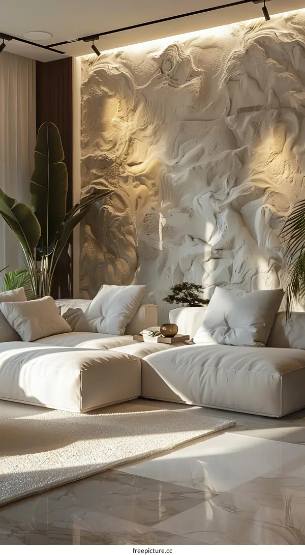 Modern Living Room with White Textured Wall