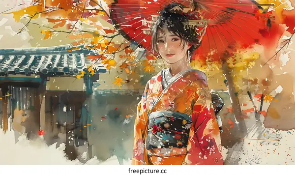 An illustration of a beautiful Japanese woman holding an umbrella in a traditional setting