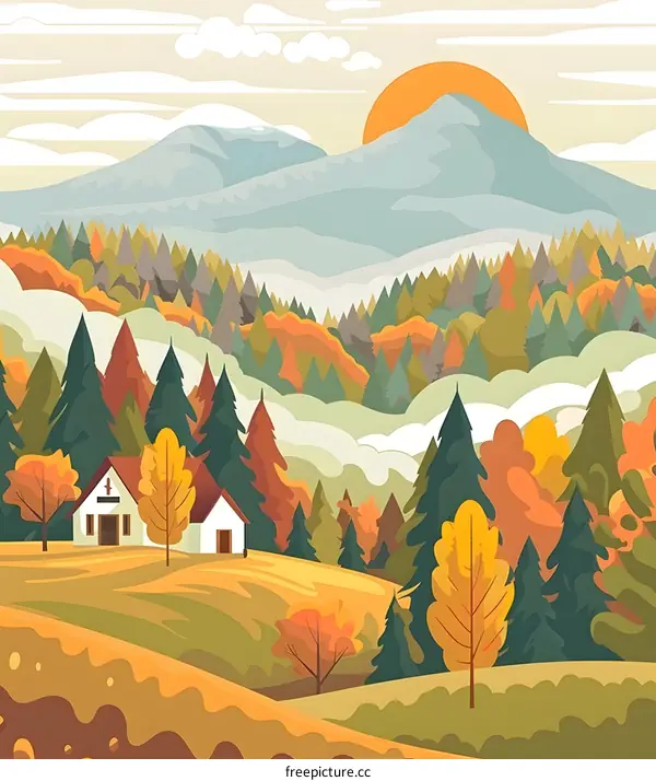 Autumn Landscape with a Cottage in the Mountains