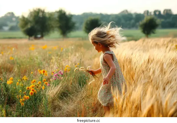 A Little Girl Runs Through a Field of Wheat and Flowers