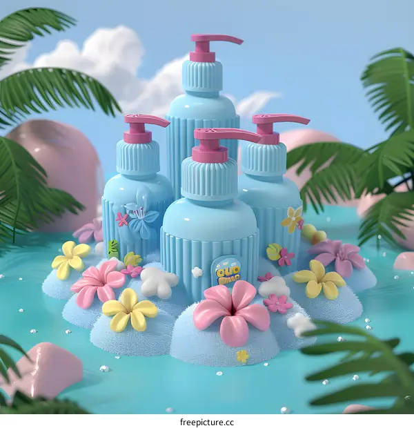 Blue Bottles with Flowers and Palm Trees Illustration