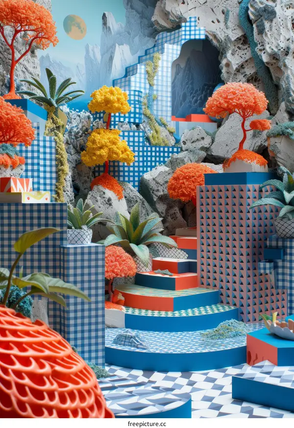 A Surreal Landscape of Geometric Shapes and Vibrant Colors