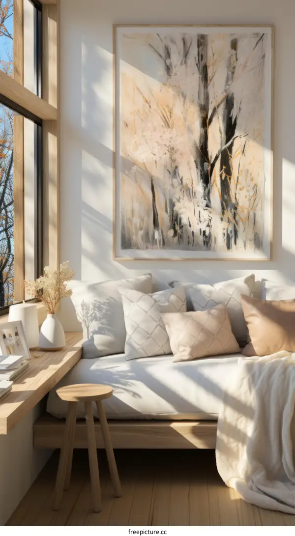 A cozy living space with a large window, a comfortable sofa, and a beautiful painting of a forest on the wall