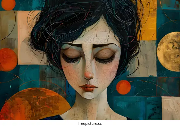 Abstract Painting of a Woman with Closed Eyes and Geometric Shapes