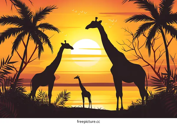 Silhouettes of Giraffes at Sunset in the African Savanna