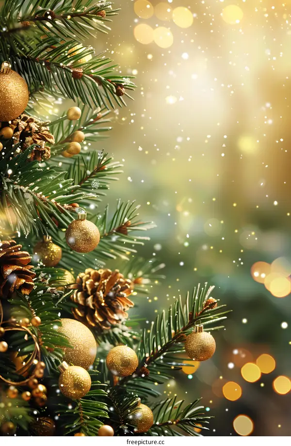 Christmas tree with golden balls and pine cones