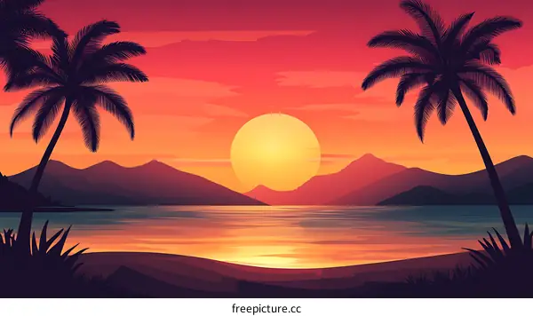 Sunset Tropical Beach Landscape Illustration