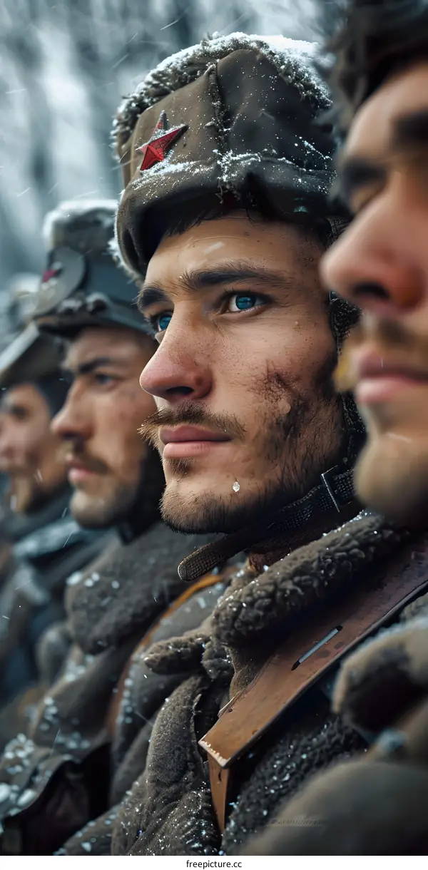 Portrait of a soldier in a winter hat with a red star