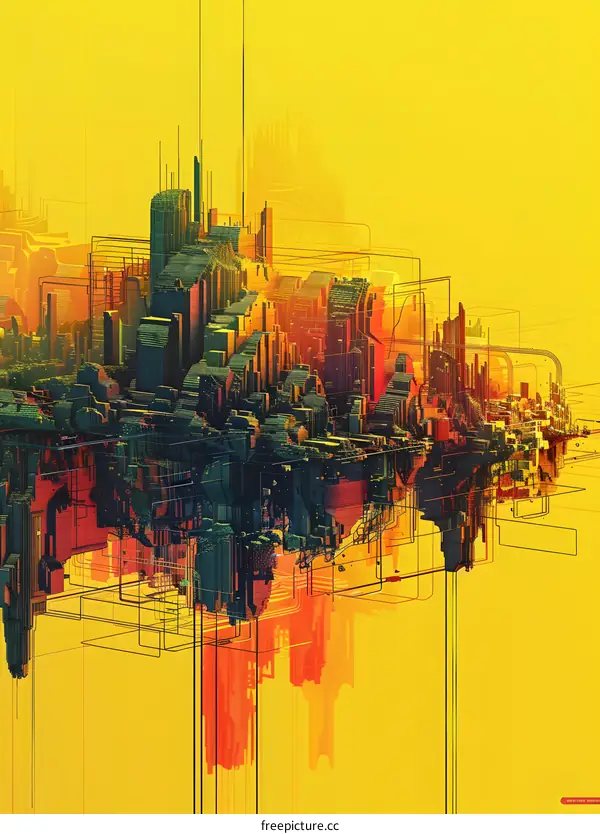 A digital painting of a city with a yellow background.