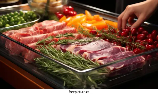 Raw meat and vegetables on a glass tray