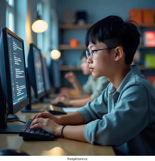 Young Asian Boy Using Computer in a Classroom