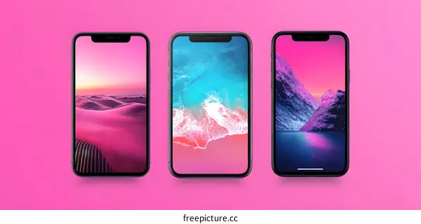 Three Smartphones with Pink Background and Different Phone Wallpaper