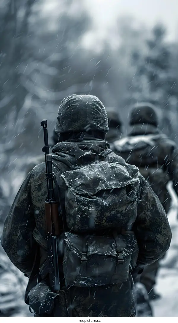 Soldiers walking through snow in a forest