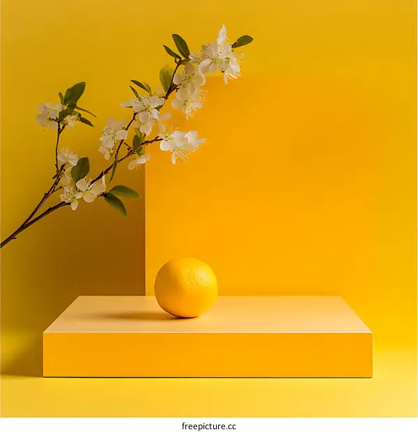Yellow Background with Blossom Branch and Orange