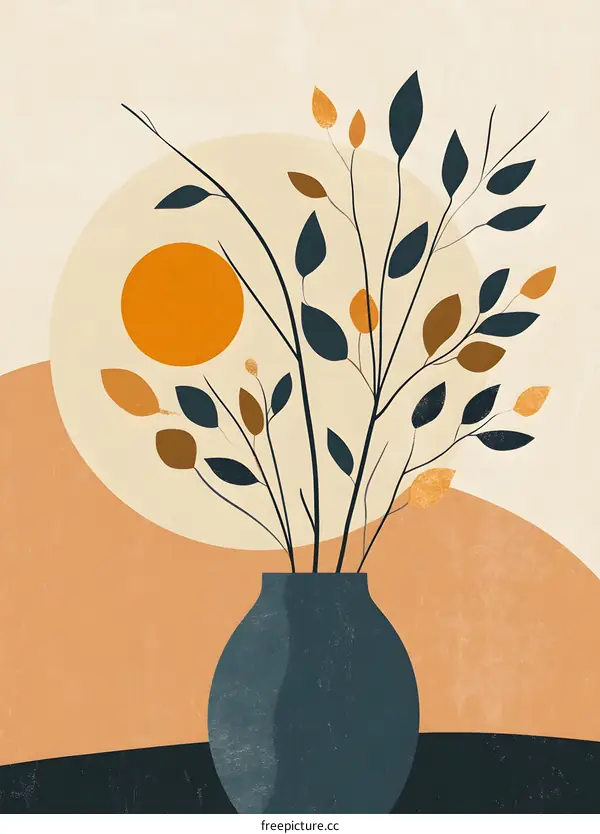 Minimalist Abstract Art with Leaves and Vase