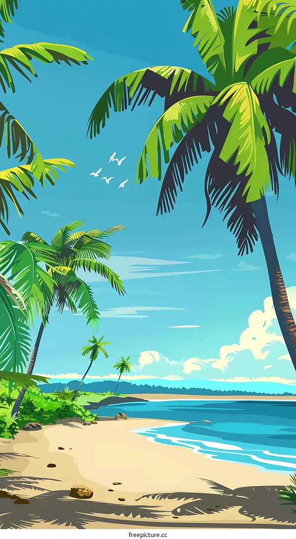Tropical Beach with Palm Trees and Blue Sky
