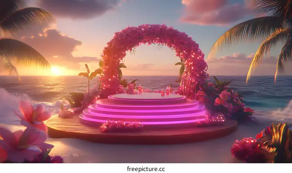 Pink Floral Archway on Beach Sunset