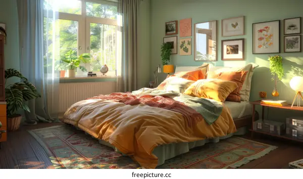 Cozy Bedroom with Plants, Soft Light, and Comfy Bed
