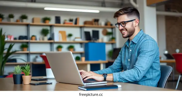 Smiling Man Working On Laptop In Modern Office