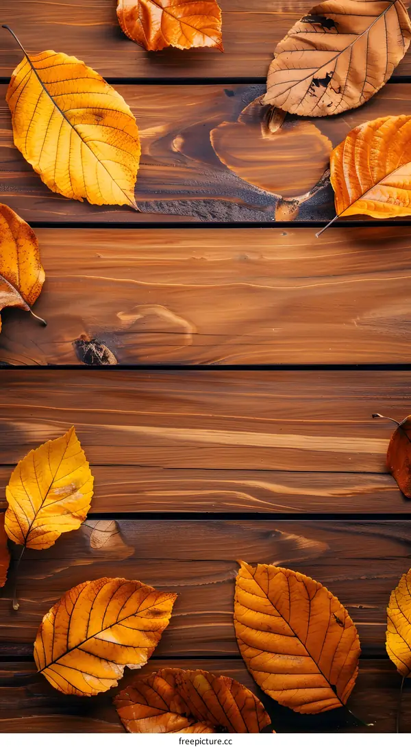Autumn Leaves on Wooden Background