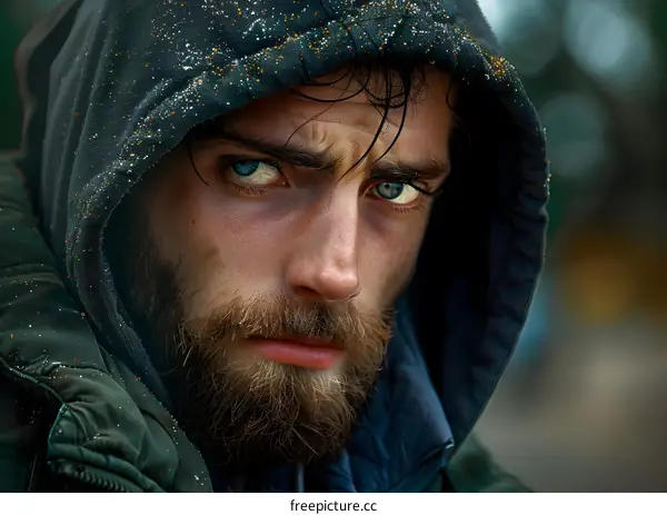 Man with Blue Eyes Looking Intensely