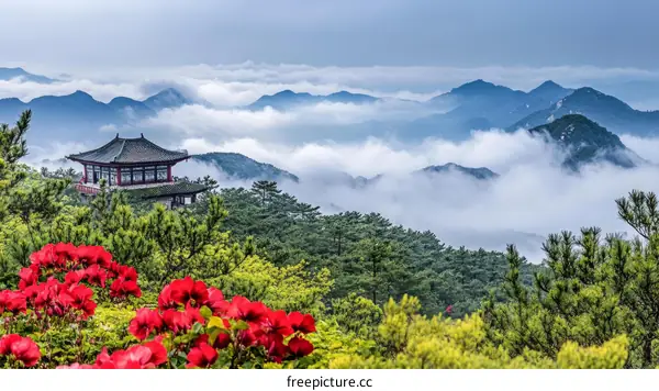 Mountain Scenery with Clouds and Pavilion