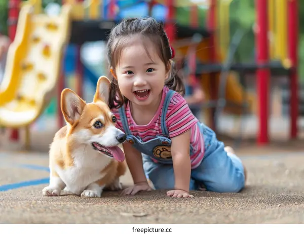 Asian toddler girl playing with a corgi dog at a playground