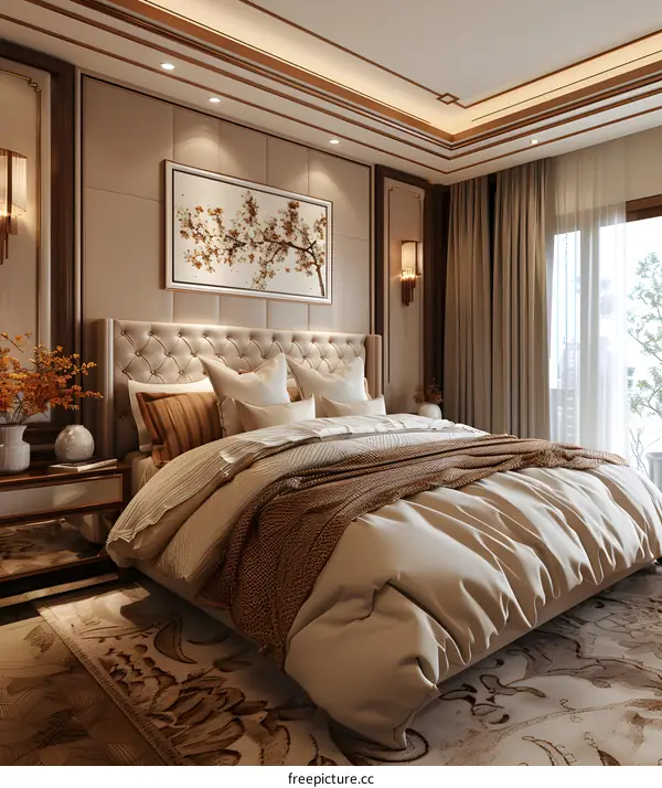 A bedroom with a large bed, a painting, and a balcony.