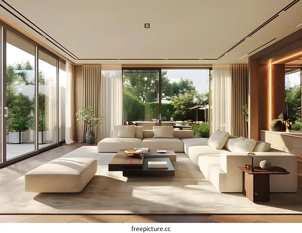 Bright modern living room interior design with large windows