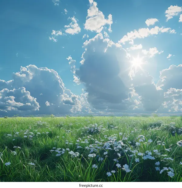 Beautiful Summer Meadow with Fluffy Clouds