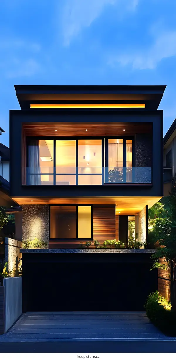 Modern Architecture House with Black Facade and Glass Windows